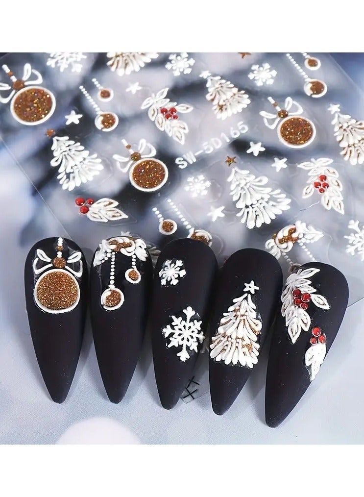 1 Sheet 5D Embossed Nail Art Stickers, Winter Snowflake Snowman Tree Bell Elk Pattern Self-Adhesive Nail Decals, DIY Nail Salon Nail Decorations, Nail Art Supplies