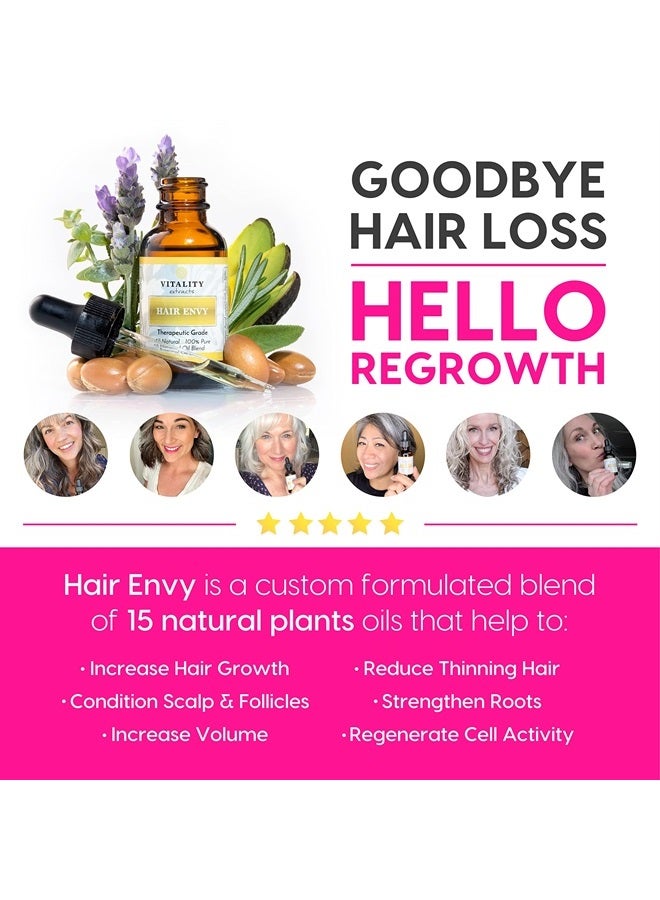 Hair Envy - Natural Hair Growth Serum 100% Pure Essential Oils, 15 Plant Extracts, No Synthetics, No Parabens - Safe For All Hair Types, Formulated for Women and Men All Ages.
