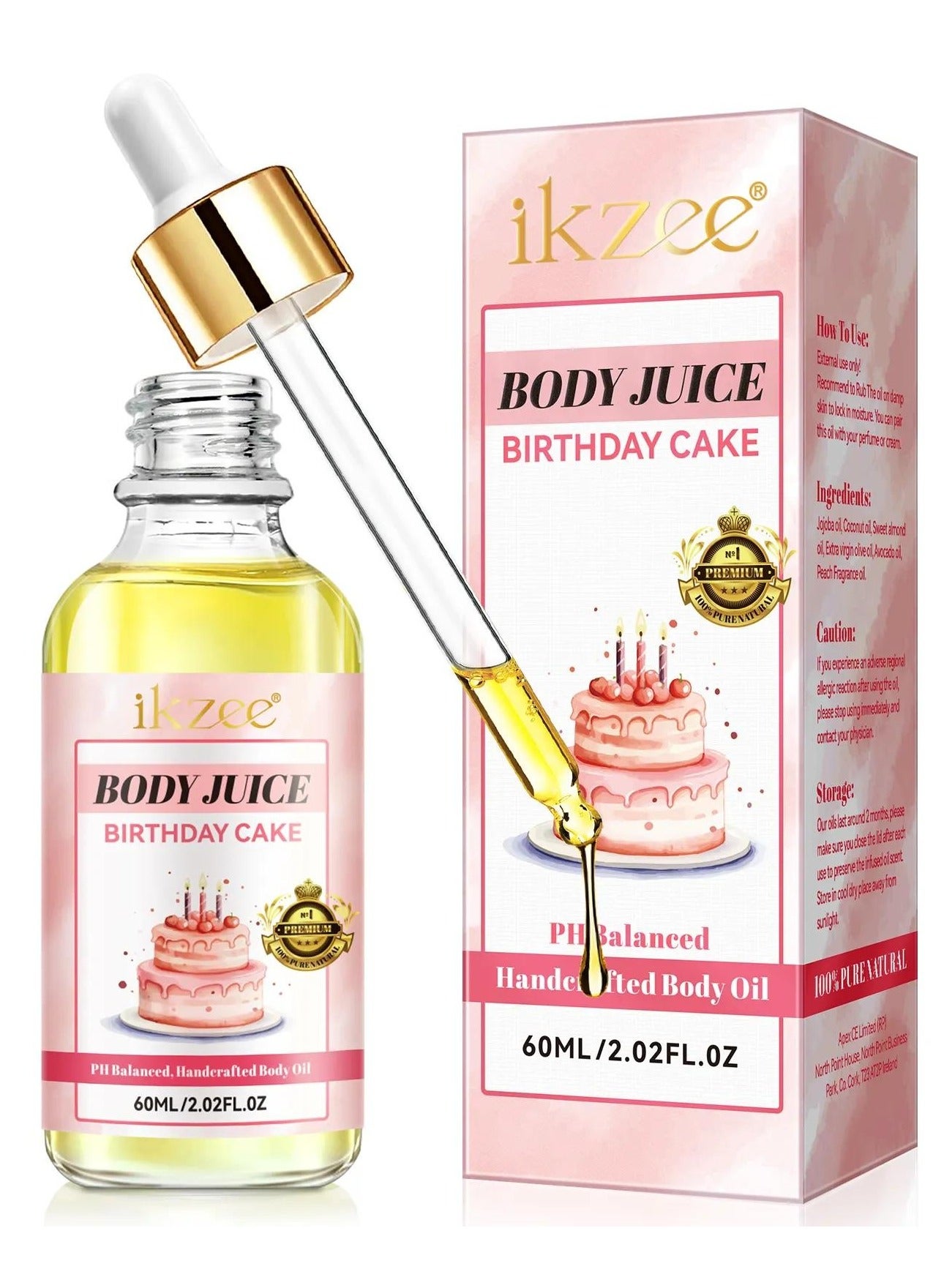 60ml Body Juice Oil Birthday Cake Hand Crafted Body Oil Nourishing Hydrating and Moisturizing for All Skin Types with Natural Oils Pure Natural Essence Body Juice Oil