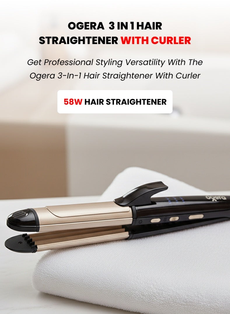 3-in-1 Hair Straightener with Curler – Professional Styling Tool with 3 Temperature Levels, PTC Fast Heating, Ceramic-Coated Plates, Smooth & Shiny Results for All Hair Types – Model OG2300HST, Black & Rose Gold