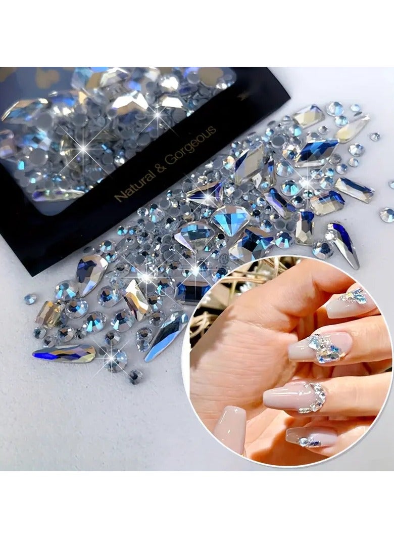150pc Dazzling Round & 20pc Large Odd Shaped Rhinestones - Premium Flatback cubic zirconia in Black & Blue Moon Glitter - Versatile Nail Art Collection