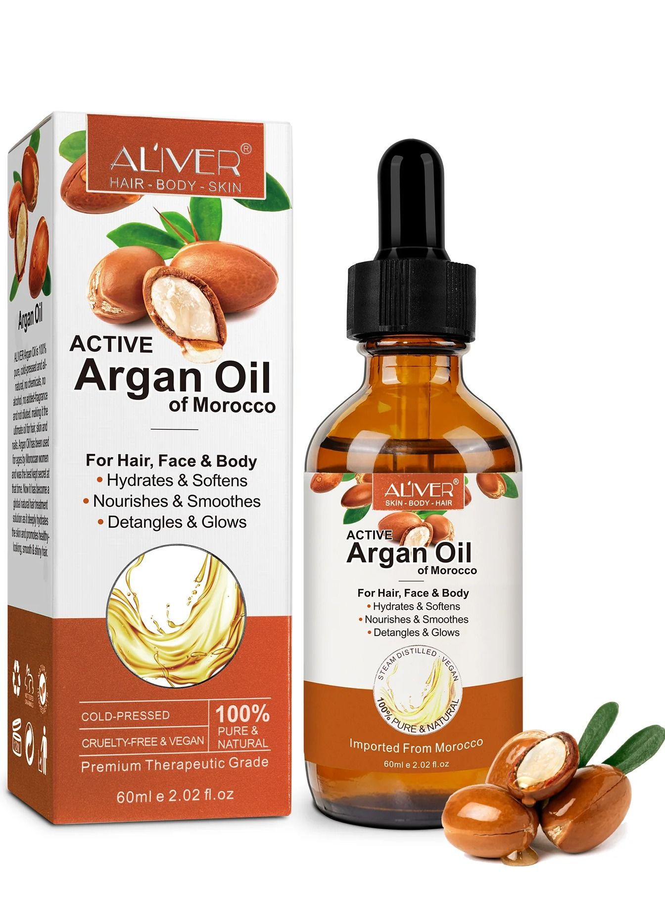 60ml Multipurpose Argan Oil for Hair Body Skin Hydrates Softens Smooth and Glows Nourish the Scalp Promote Hair Growth Anti Breakage Loss 100% Pure and Organic Moroccan Argan Oil for Multipurpose Use