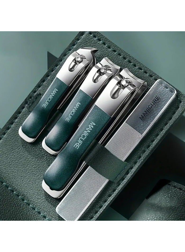 Manicure Set Fingernails & Toenails Clippers Nail Care Tools With Portable Leather Case, 4 Pieces With Nanometer Nail File Green