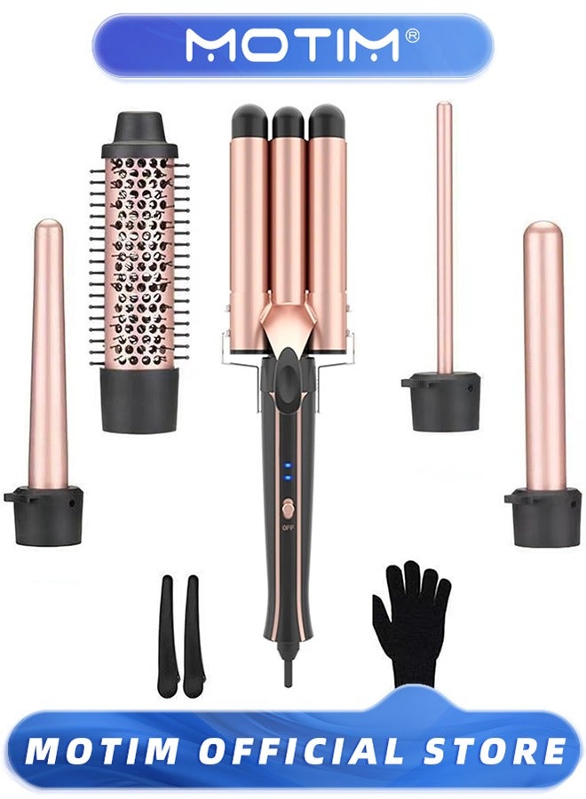 Curling Iron Set, 5-in-1 Curling Iron with Curling Brush and 4 Interchangeable Ceramic Curling Irons