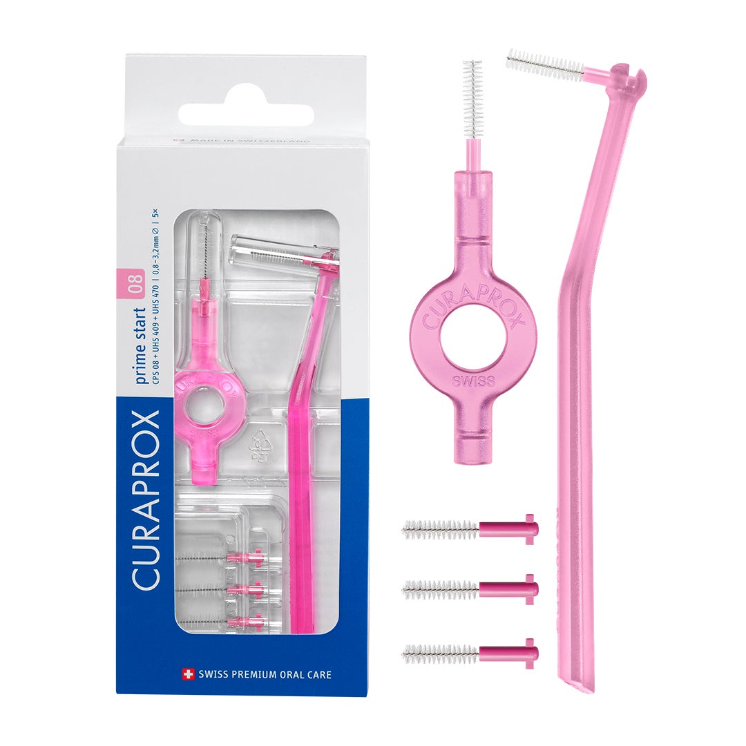 CPS Prime 08 Interdental Brush Set | 5 Ultra-Fine 0.8mm Brushes with 2 Holders for Effective Plaque Removal | Gentle on Sensitive Gums, Pink