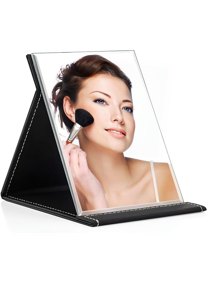 Portable Foldable Makeup Mirror, Frameless PU Leather Vanity Mirror with Stand，Desktop Ultrathin Vanity Mirror，for Desk Table Camping Travel Personal，Black