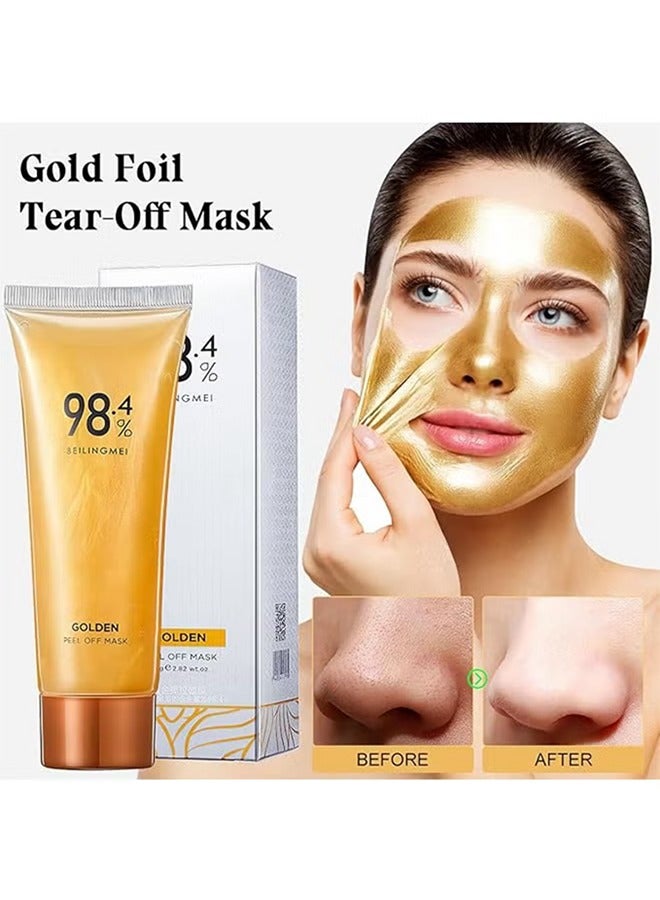 98.4% Golden Peel Off Mask，Gold Foil Peel-Off Mask, Peel-Off Anti-Wrinkle Face Mask, 24k Gold Face Mask, Gold Foil Tear-Off Mask for Skin Moisturizing and Deeply Cleans（80g）