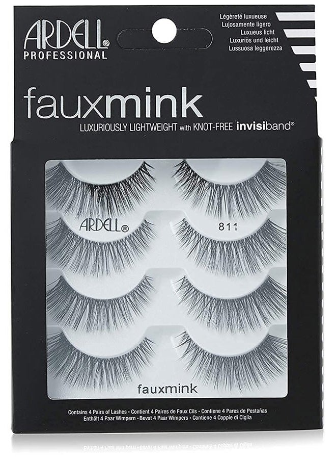 Faux Mink Lashes False Eyelashes 811 - Luxuriously Lightweight, Knot-Free Invisiband, Reusable Strip Lashes, 4 Pairs, 1 Pack