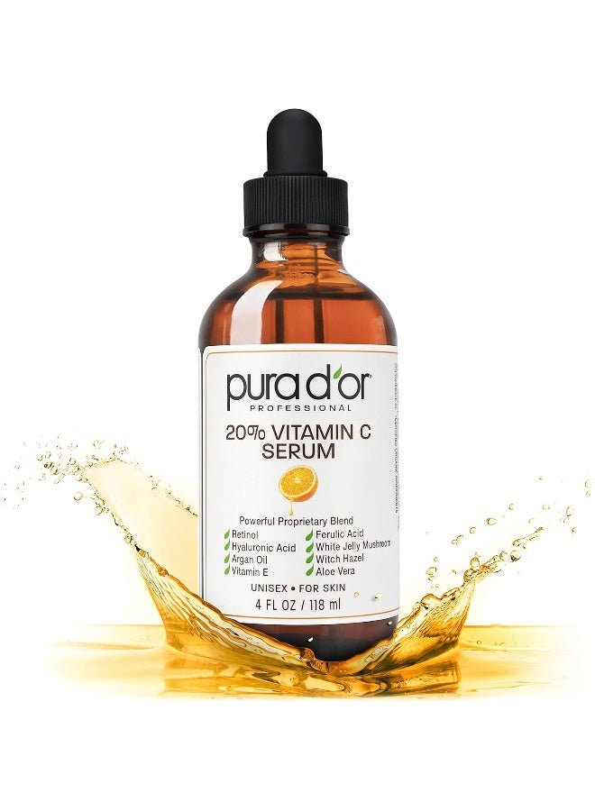 PURA D'OR 20% Vitamin C Serum for Face and Eye with Hyaluronic Acid, Vitamin E and Argan Oil