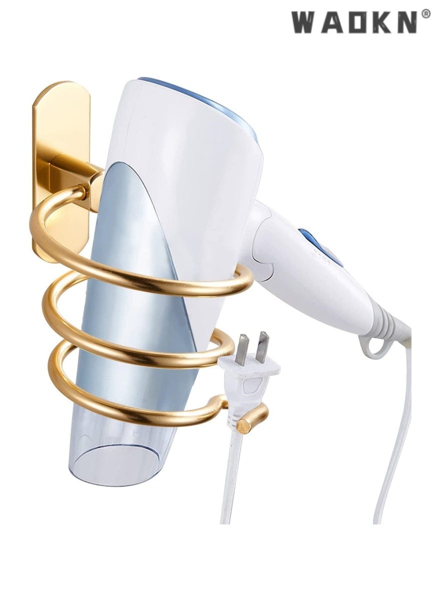 Bathroom Hair Dryer Holder, Adhesive Wall Mounted Chrome Finished Hair Care Tools Holder Rack Hair Care Styling Tools Organizer Hanger with Self-Adhesive Adhesive and Cable Hook (gloden)