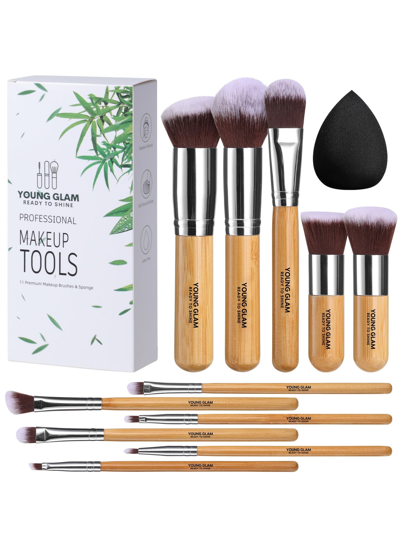 Young Glam Makeup Brush Set 11Pcs Bamboo Synthetic Kabuki Brush Set Foundation Powder Blending Concealer Eye shadows Blush Cosmetics Brushes with Organizer Bag & Makeup Sponge