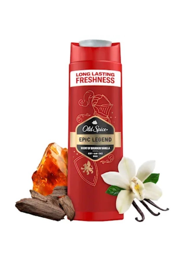 Epic Legend 3-in-1 Shower Gel & Shampoo for Men, Long-Lasting Fresh Fragrance in Perfume Quality, Deep Cleansing for Hair, Facial Body, Gentle Skin Feeling Scent of Bourbon Vanilla 400 ML