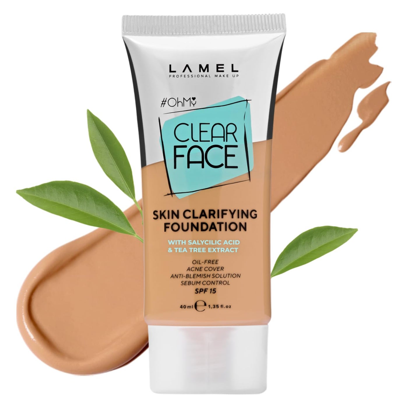 LAMEL Oh My Clear Face Full Coverage Foundation for Oily & Acne Prone Skin, Salicylic Acid & Tea Tree Extract, Anti-Blemish Sensitive Skin Care, Organic & Oil-Free, 405 Buff Beige, 40 ml / 1.35 fl.oz