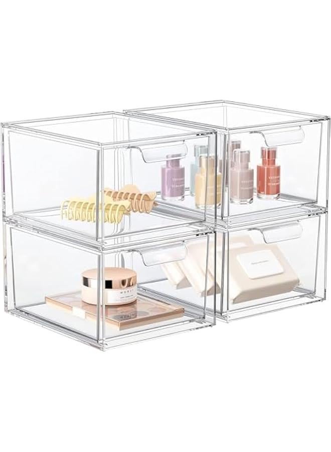 Stackable Makeup Organizer and Storage, Acrylic Organizers，Clear Plastic Storage Drawer with Handles for Vanity, Undersink, Kitchen Cabinets, Pantry (Clear 4Pack)