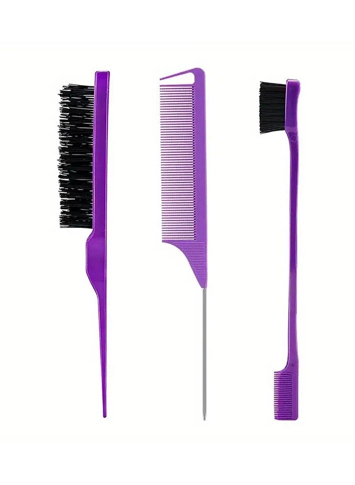3 Pieces Hair Styling Comb Set Teasing Hair Rat Tail Comb Edge Brush for Edge and Back Brushing, Combing Slicking Hair - Purple