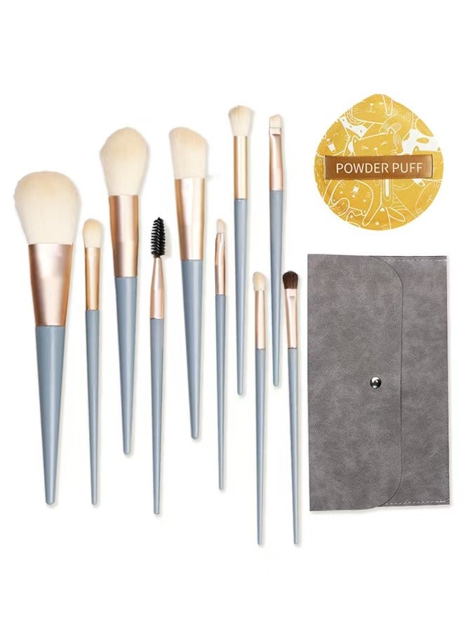 Make up Brushes set with Bag 10PCS Travel and 1PCS Makeup Sponge Professional Face Powder Puff Eye Shadow Powder Kit Gift Box Brushes Kit Blue