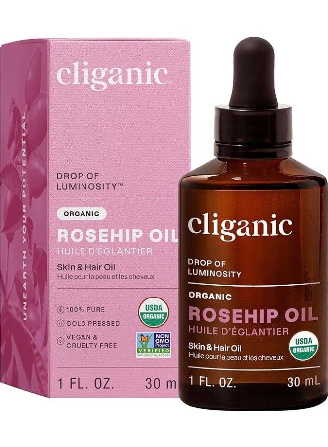 Organic Rosehip Seed Oil (1 oz), 100% Pure & Cold-Pressed, Face, Skin & Hair Moisturizing Oil