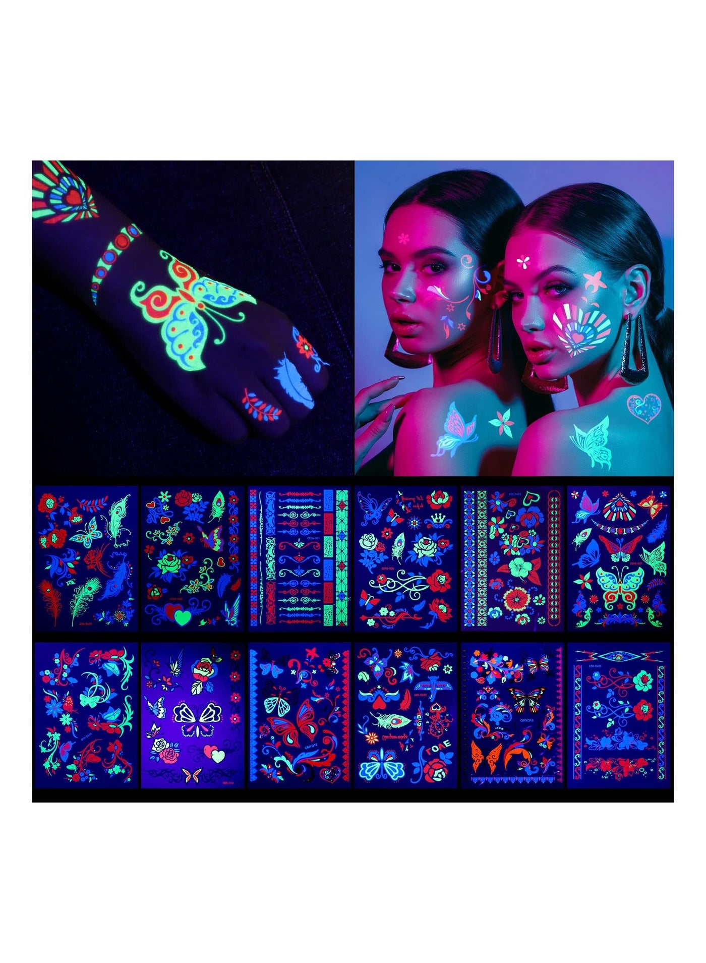 12 Sheets Temporary Tattoos, Large Glow In The Dark Tattoo Neon Temporary Makeup, Festival Accessory, Fake Face Butterfly Tattoo UV Blacklight For Women Party Supplies (Butterfly Style)