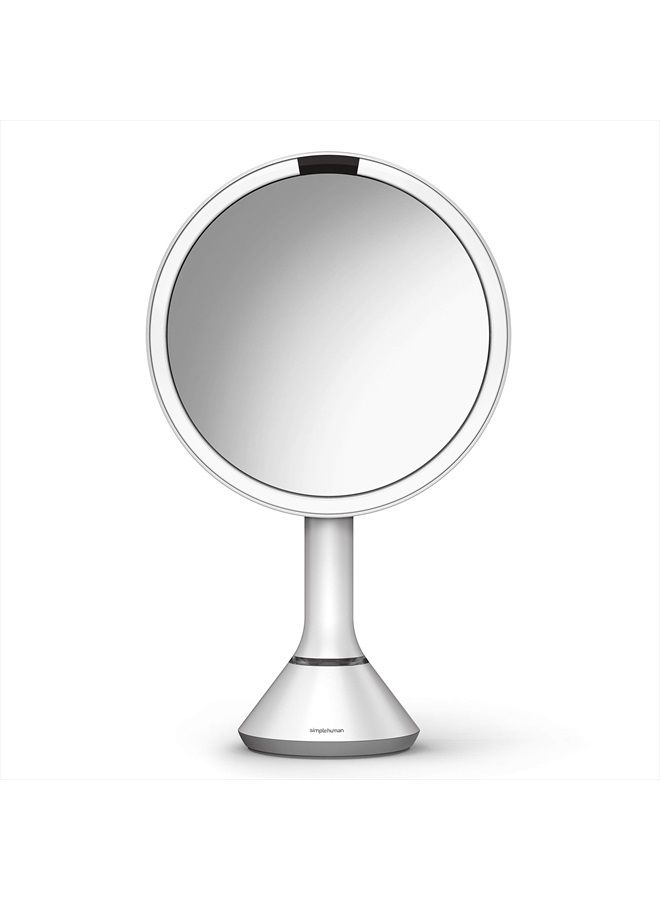 Tabletop Mount 8" Round Sensor Makeup Mirror with Touch-Control Dual Light Settings, 5X Magnification, Rechargeable and Cordless, White Stainless Steel