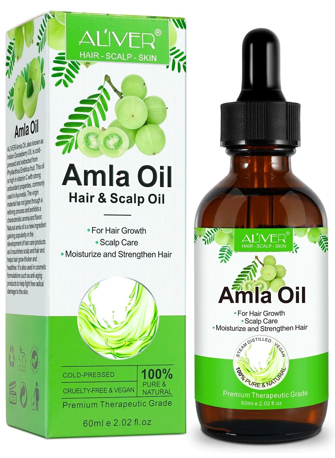 60 ml Amla Oil 2.02 Fl Oz 100% Pure Natural Organic Amla Hair Oil Cold Pressed Amla Oil for Hair Growth Moisturize Healthy and Strengthen Hair Nourishes Scalp Hair Treatment Oil