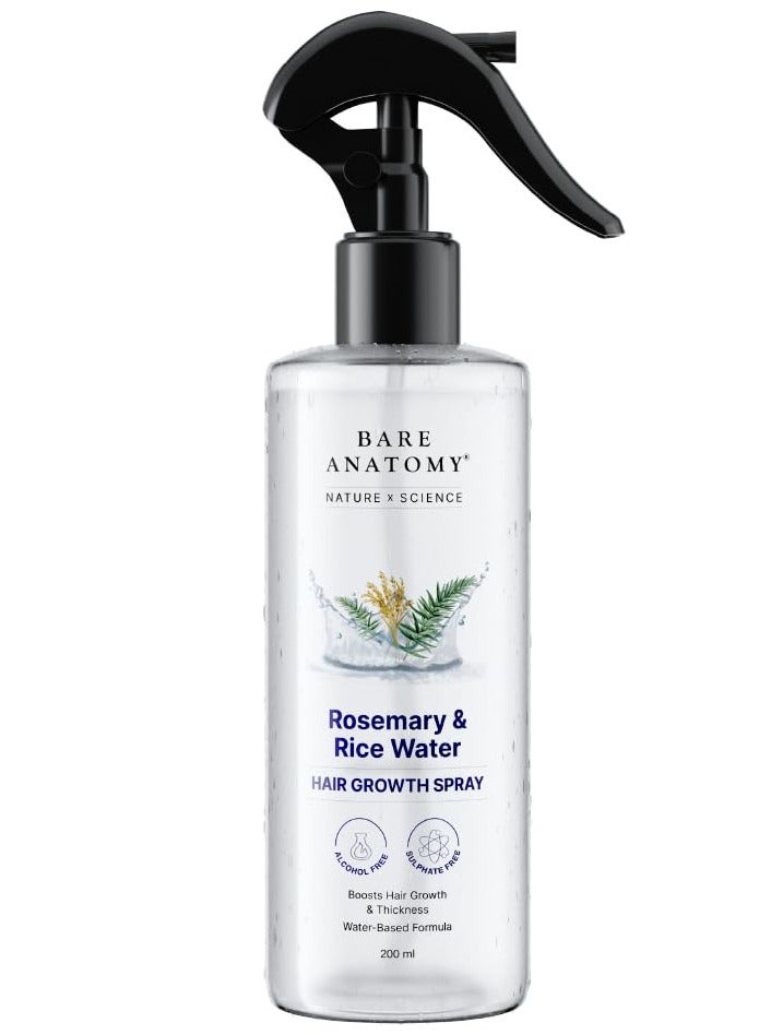 Bare Anatomy Nature x Science Rosemary Water Spray for Hair Growth & Hair Thickness with Rice Water |100% Natural Extract | Soft & Smooth Hair| Controls Hairfall| Non-Greasy & Fast Absorbing | 200 ml
