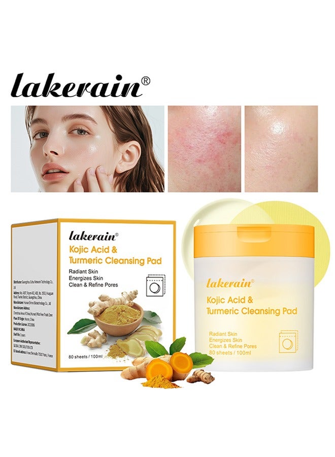 Kojic Acid Turmeric Cleansing Pad, Kojic Turmeric Face Pads for Skin Repair,Pore Shrinking, Dark Spot Fading, Clean and Refine Pores，Smooth and Soft Skin, Oil Control, 80 Sheets