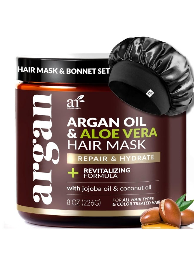 Hair Mask + Silk Bonnet for Sleeping Women set - Deep Conditioner & Leave-In Conditioner for Dry, Damaged Hair - Argan Oil, Jojoba, Aloe & Keratin - Satin Bonnet for Sleeping, Repair & Hydrate (8 oz)