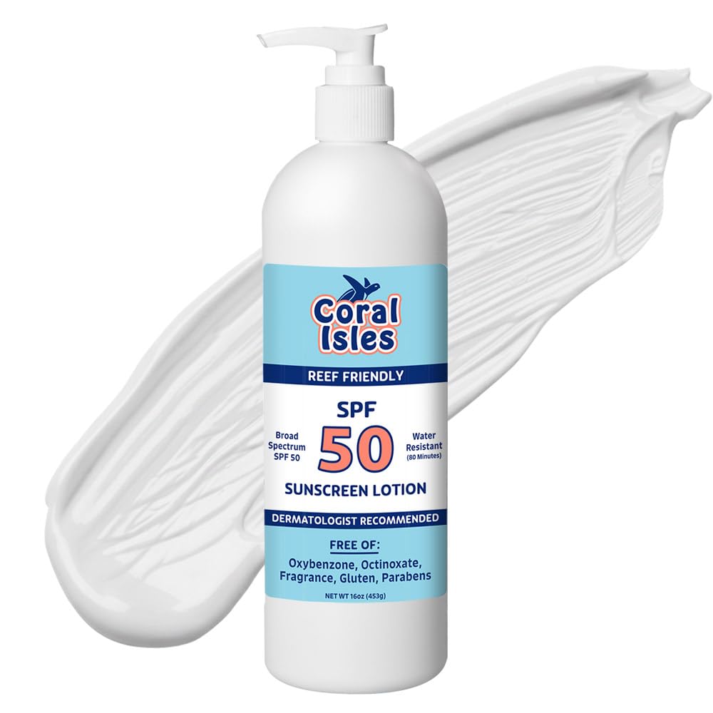 Coral Isles Sunscreen SPF 50 16 oz | Broad Spectrum UVA/UVB Protection | Hawaii 104 Act Compliant (Oxybenzone & Octinoxate Free) | Water Resistant 80 Min. | Fragrance Free With Pump (16 Fl Oz)