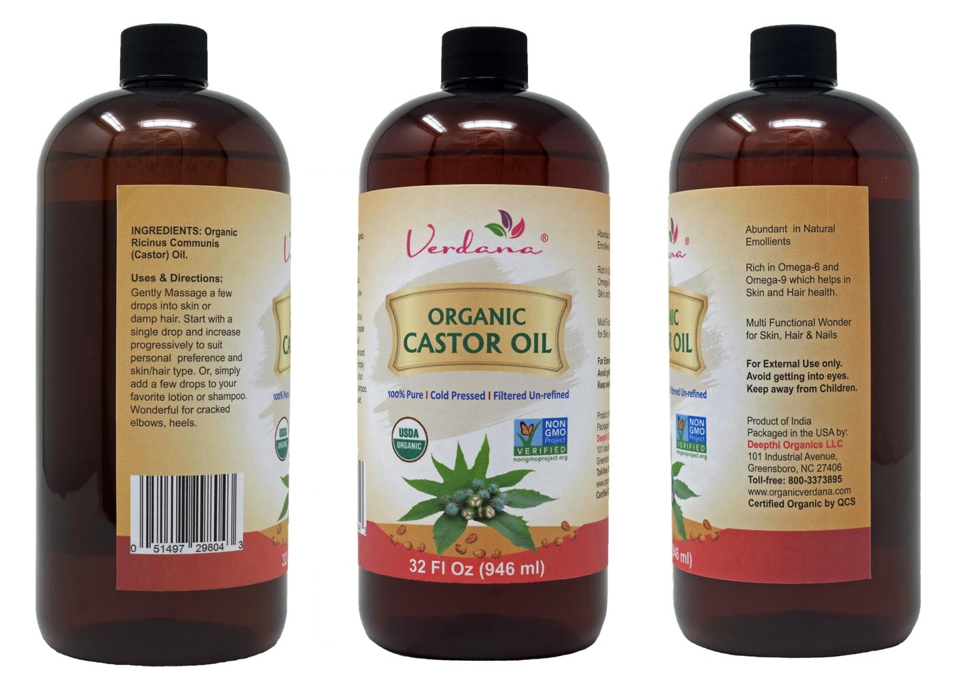 Verdana Organic Castor Oil √¢‚Ç¨‚Äú 32 Fl Oz Bulk Size √¢‚Ç¨‚Äú Cold Pressed, Unrefined, Hexane-Free √¢‚Ç¨‚Äú USDA Organic √¢‚Ç¨‚Äú Natural Moisturizer for Hair Growth, Eyelashes, Skin, Scalp & Castor Oil Packs