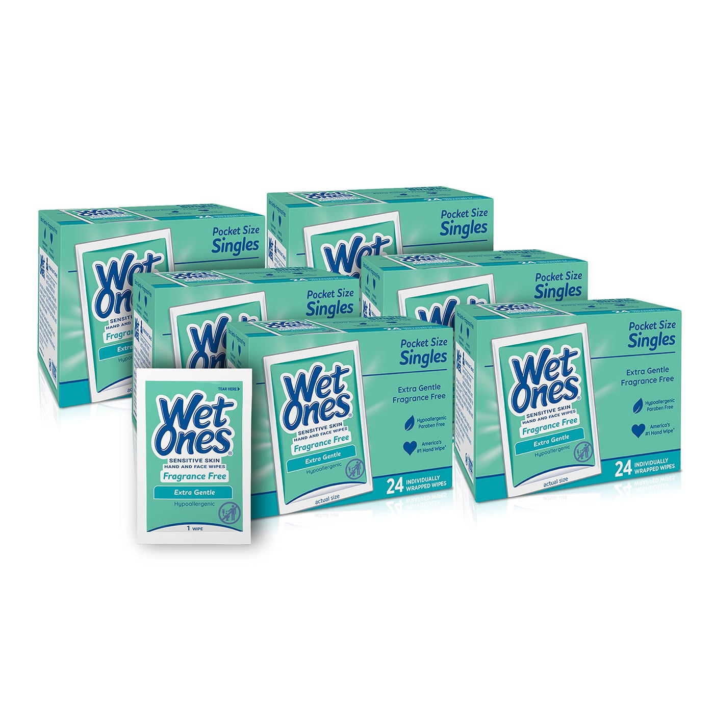 Wet Ones Hand and Face Wipes Singles,â€¯Unscented Wipes for Sensitive Skin | Individual Wipes, Hand Wipes Individually Wrappedâ€¯| 24 ct. (6 pack)