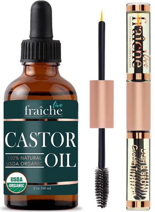 Castor Oil (2oz) + Filled Mascara Tube USDA Certified Organic, 100% Pure, Cold Pressed, Hexane Free by Live Fraiche. Stimulate Growth for Eyelashes, Eyebrows, Hair. Lash Growth Serum. Brow Treatment