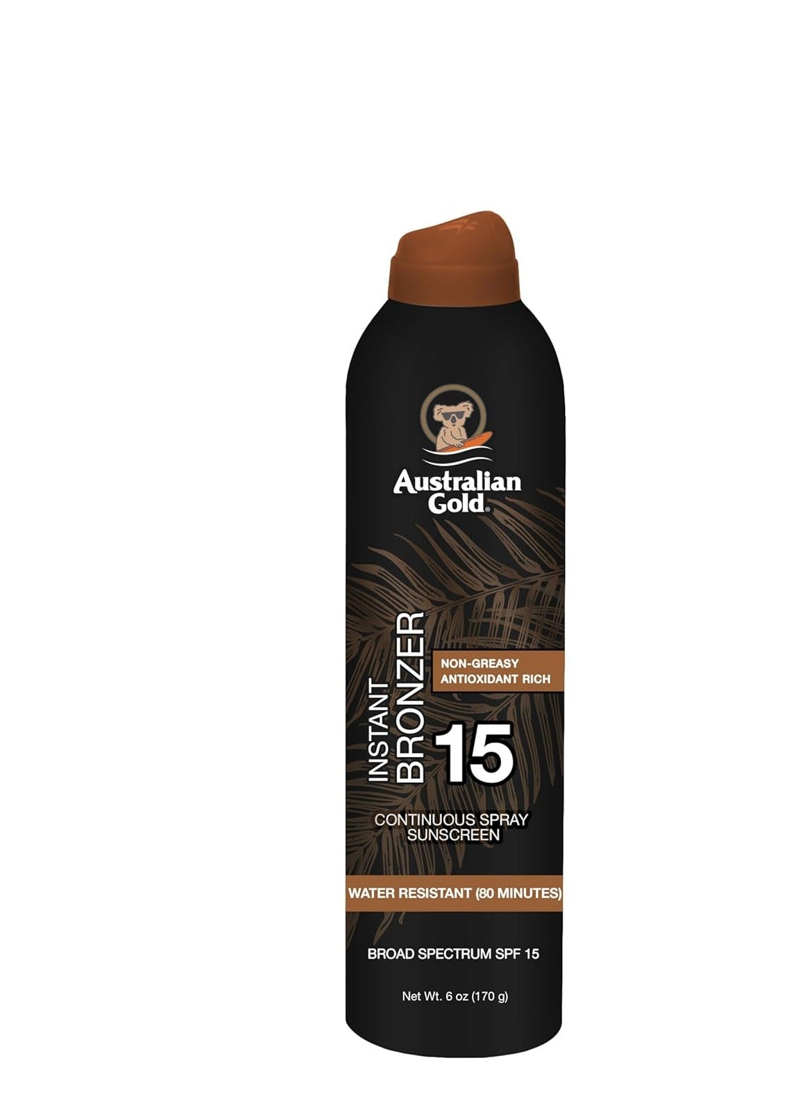 Australian Gold Continuous Spray Sunscreen with Instant Bronzer SPF 15, Immediate Glow & Dries Fast, Broad Spectrum, Water Resistant, Non-Greasy, Oxybenzone Free, Cruelty Free, 6 Ounce