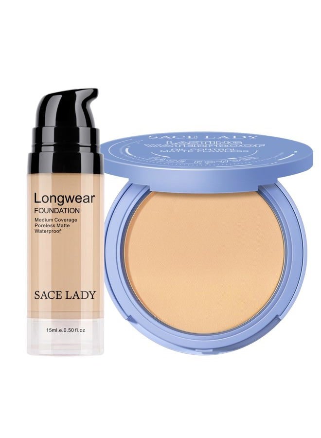 2Pcs Face Make Up Set, Flawless Matte Foundation and Oil Control Pressed Powder, Lasting Coverage Waterproof Natural Cosmetics Kit
