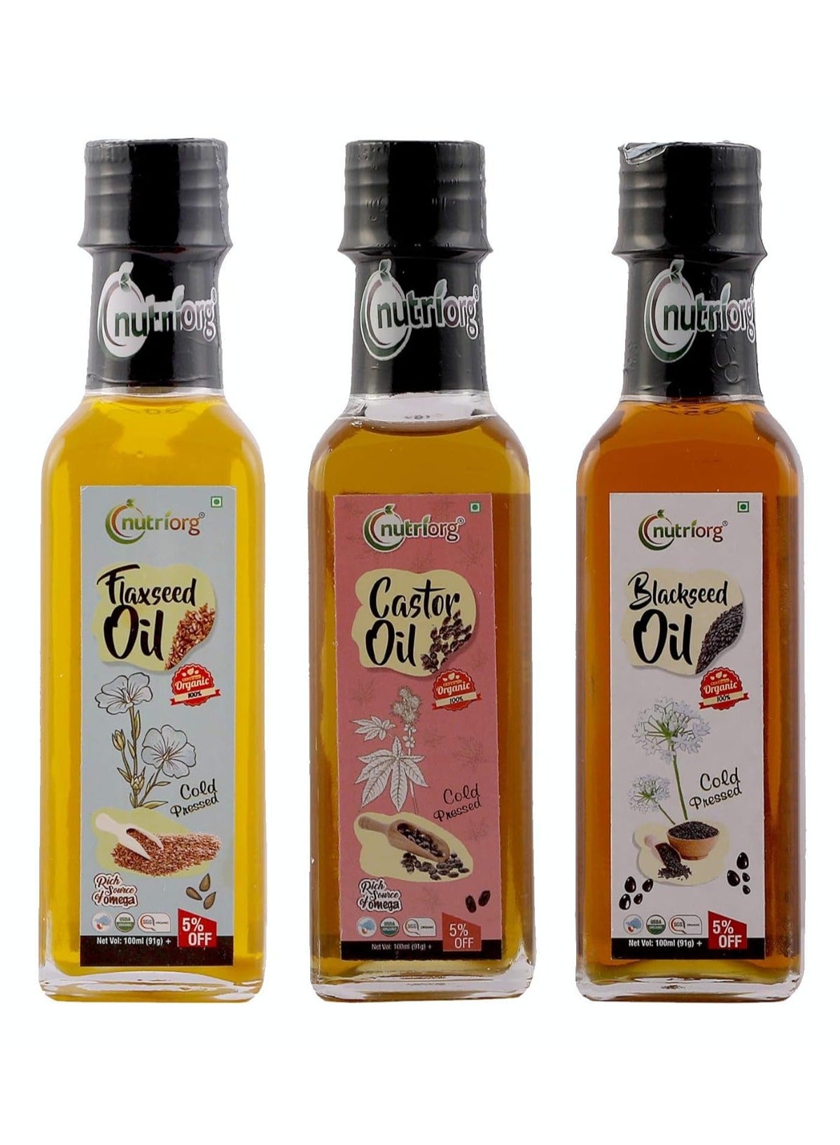 Nutriorg Cold Pressed Organic Flax Seed Oil, Castor and Black Seeds Oil (Pack of 3 100ml) with Deep Nourishing Properties Weight Management Hair and Skin Care