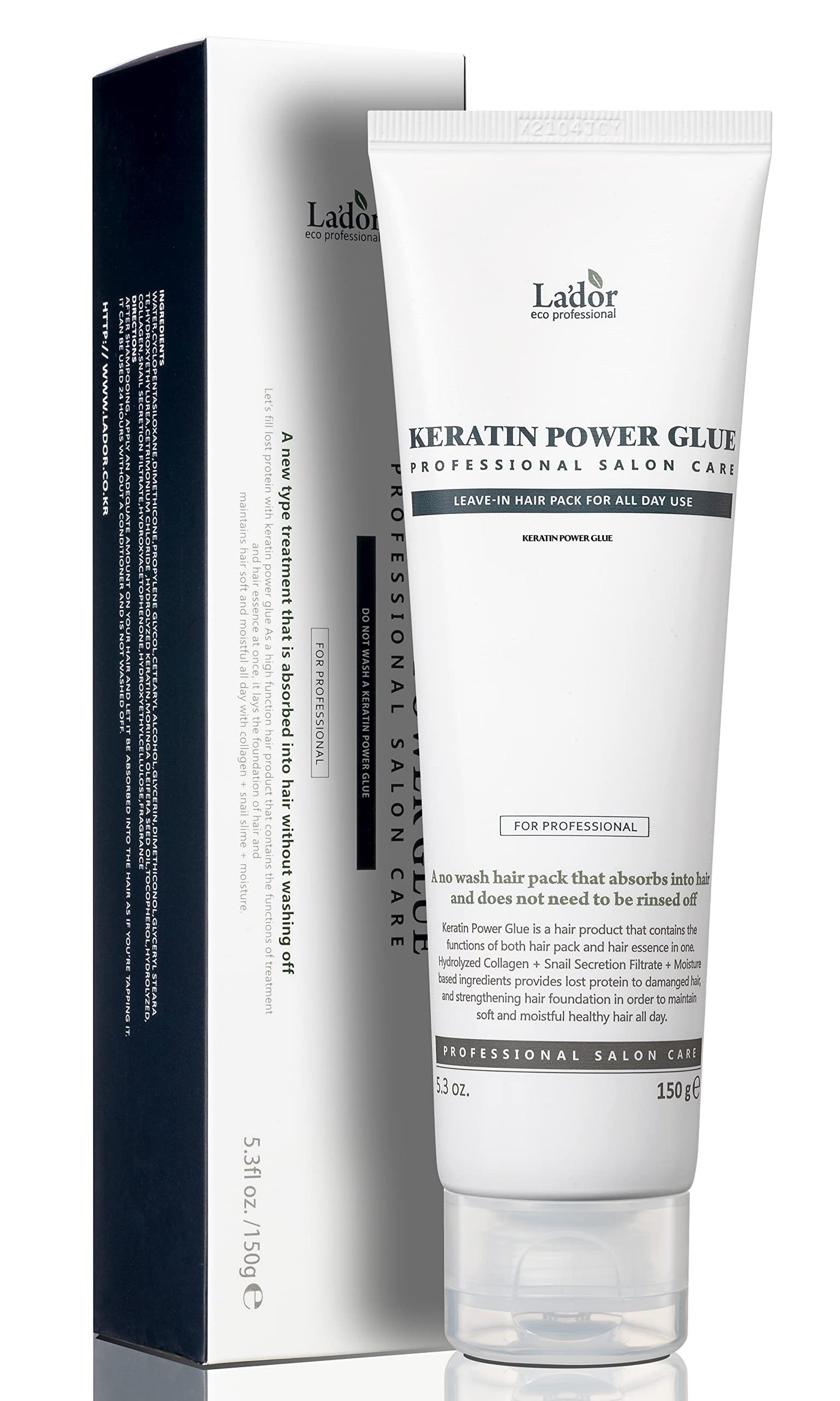 LADOR Keratin Power Glue Leave-In Conditioner Protein Hair Treatment Mask Heat Protectant Gloss Shine Snail Mucin Detangler Serum for Dry Damaged Curly Color Treated Bleached Hair 5.3 Oz Korean