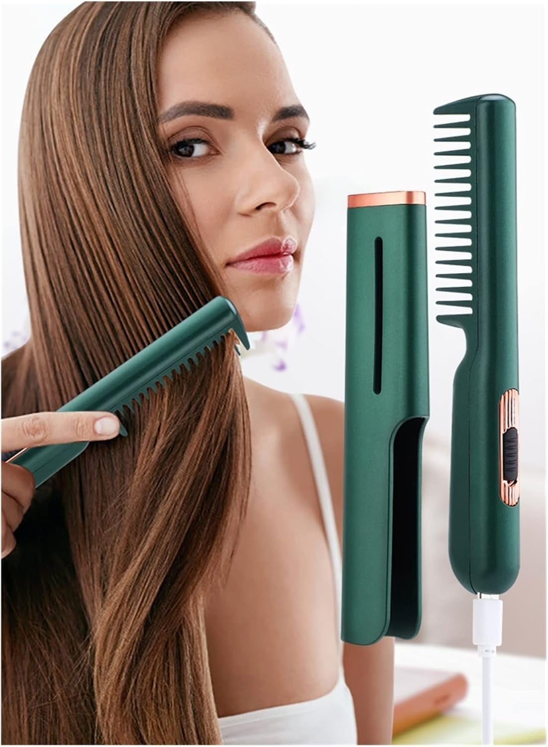 Hair Straightener, Professional Electric Heat Comb Ceramic for Hair Styling, USB rechargeable Fast Heating Hair Straightening Comb, for All Hair Types, Mini Portable Heated Comb (Green)