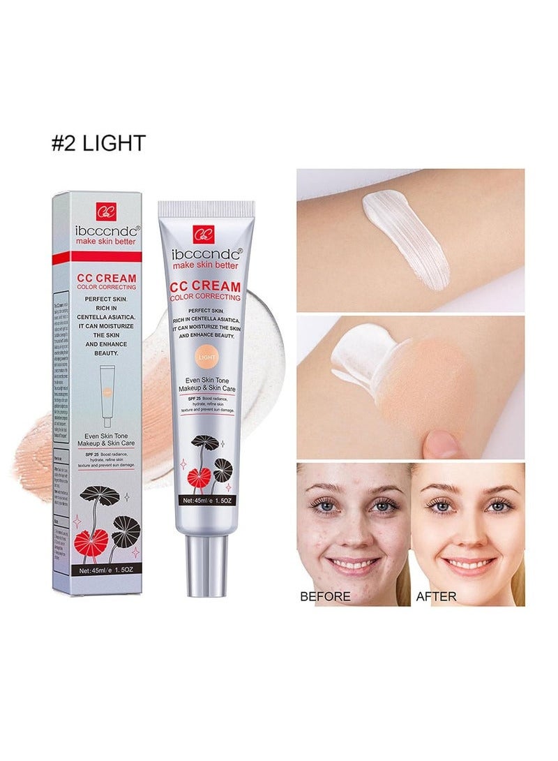 Colour Correcting CC Cream with Centella Asiatica Full Coverage Foundation with SPF 25, Even Skin Tone Makeup and Skin Care, Long Lasting and Hydrating Concealer, Light 45 ml