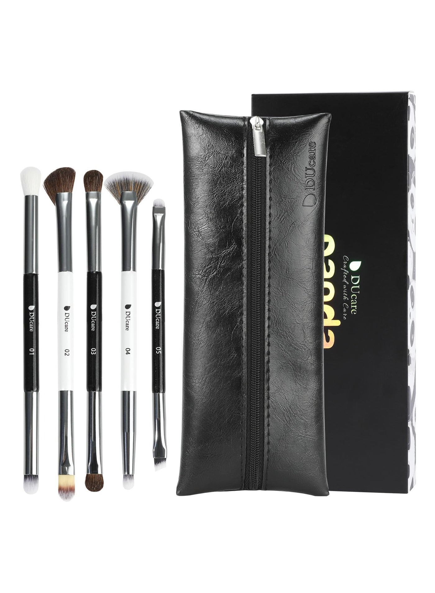 DUcare 5-Piece Dual-Ended Eye Brush Set with Travel Pouch – Professional Eyeshadow, Blending, Eyeliner & Contouring Brushes (Vegan)