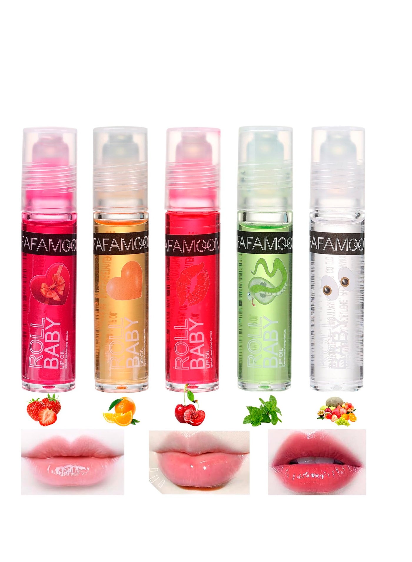 Roll on Lip Oil Fruit Flavoured Lip Gloss Set, 5 PCS Moisturizing Transparent Plumping Lip Glow Oil, Hydrating Shiny and Vegan Tinted Lipgloss for Lip Care and Dry Lips