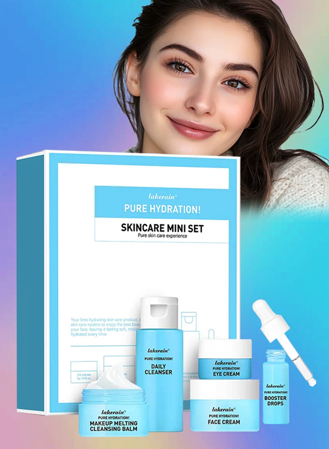 Pure Hydration Skincare Mini Set Daily Cleanser Makeup Cleansing Balm Face Cream Eye Cream and Booster Drops 5 in 1 Skincare Facial Kit Moisturizing Hydrating Skin Care Face and Eye Cream