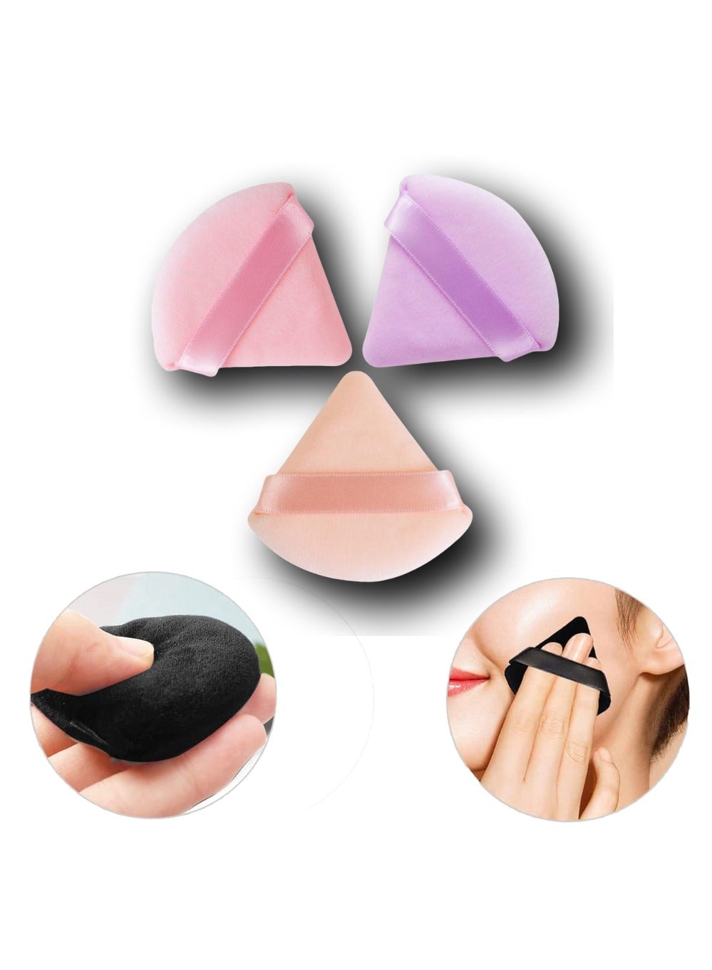 Triangle Beauty Blender Powder Puff Soft Cotton Makeup Sponge Reusable Face Powder Sponges with Strap for Loose Powder Pink,Lite Pink and Purple. (3-Pack)