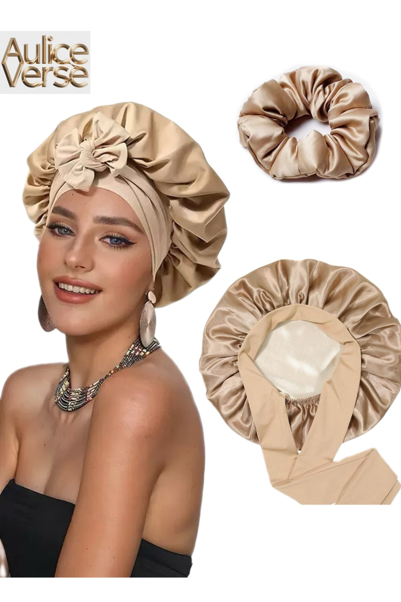 2-in-1 Double Layer Satin Silk Bonnet & Scrunchie Set – Reversible Double-Sided & Dual-Color Design | Sleep Hair Wrap for Curly & Natural Hair – Adjustable Tie Band (Lined for Protection)
