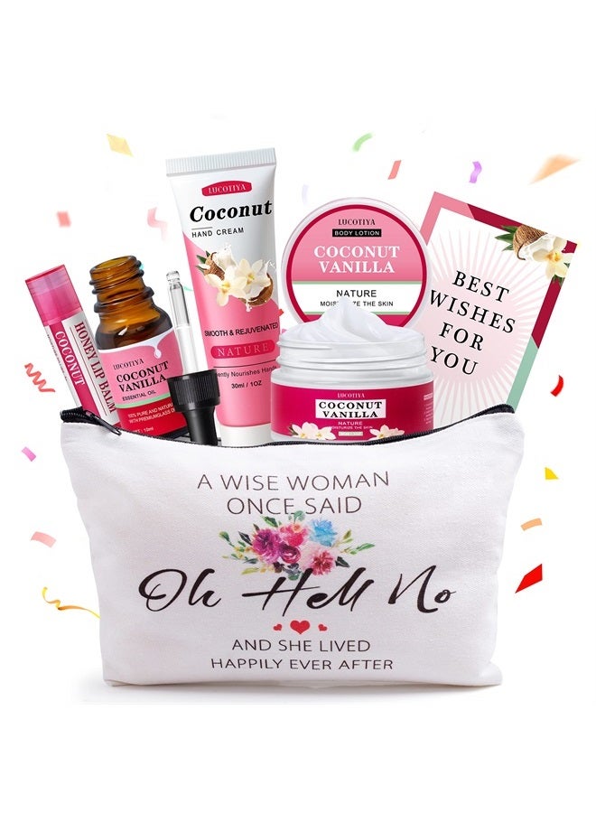 Gifts for Women,Friendship Gifts for Women,Travel Size Convenience Kits Coconut Vanilla Spa Gifts for Women,Bath and Body Set Travel Bag Include Hand Cream,Body Lotion,Lip Balm,Essential Oil