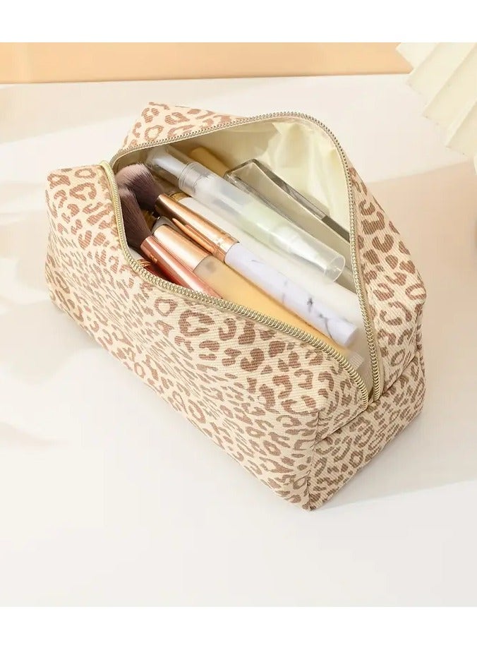 Leopard Print Canvas Makeup Bag, Large Capacity Fashion Portable Cosmetics Bag With Zipper, Stylish Travel Cosmetic Pouch