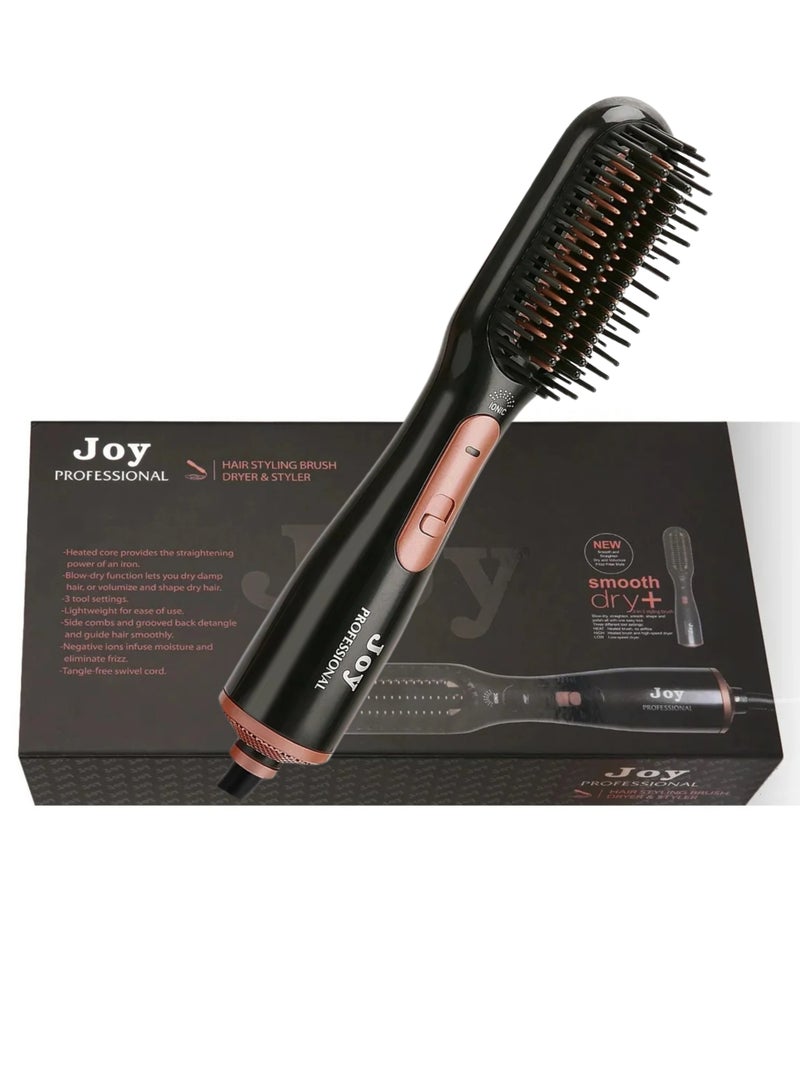 Joy 3-in-1 Professional Hair Styling Brush – Hot Air Dryer, Volumizer & Straightener In Elegant Black/Rose Gold – Ionic Hair Dryer Brush With Ceramic Coating – Lightweight Electric Hair Tool With Fast Heat-Up, Adjustable Settings – Ideal For Smooth, Frizz-Free Styling, Daily Use & Travel