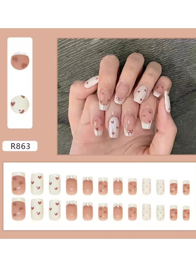Hollow Heart Wearable Pink Press on Fake Nails Tips with Glue False Nails Design Butterfly Lovely Girl False Nails