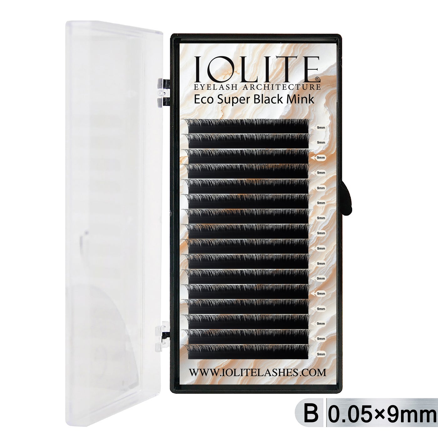 Iolite Super Black Mink Lash Extensions – B Curl 0.05T Mix (6mm–15mm) | Premium Black Mink Eyelash Extension Tray for Lash Artists ISBMB5T - 9MM