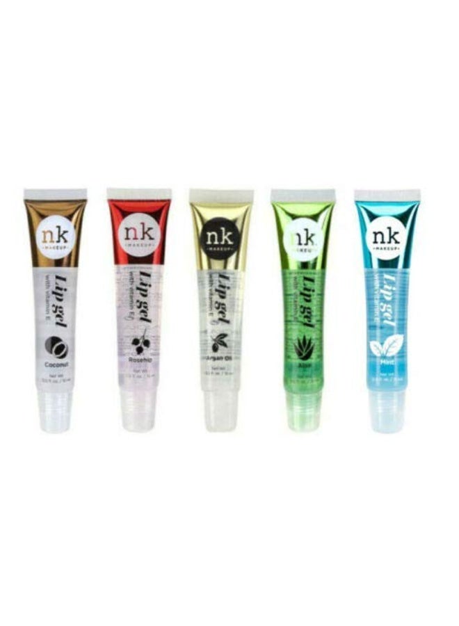 5 PACK NK Lip Gel with Vitamin E Coconut, Rose Hip, Argan, Aloe and Mint Lip Gloss by Nicka K New York