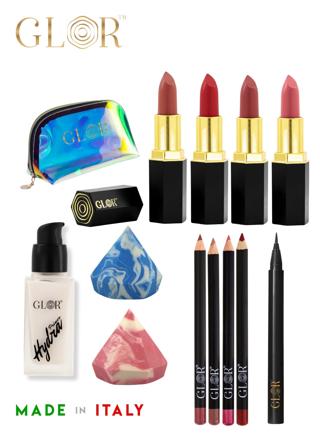Glor Endless Charm Lipstick 4 Shades – Intense Long-Lasting Color, Luxurious Moisture, Ultra-Creamy Formula for Beautiful Lips  +   Glor Endless Charm Ultimate Precision Lip Liner - 4 Shades –Vegan, Allergen-Free, Long-Lasting Lip Definition +  Glor Face & Eye Hydration Primer  + Glor Precision Eyeliner +  Cosmetics Bag +  Beauty Blender
