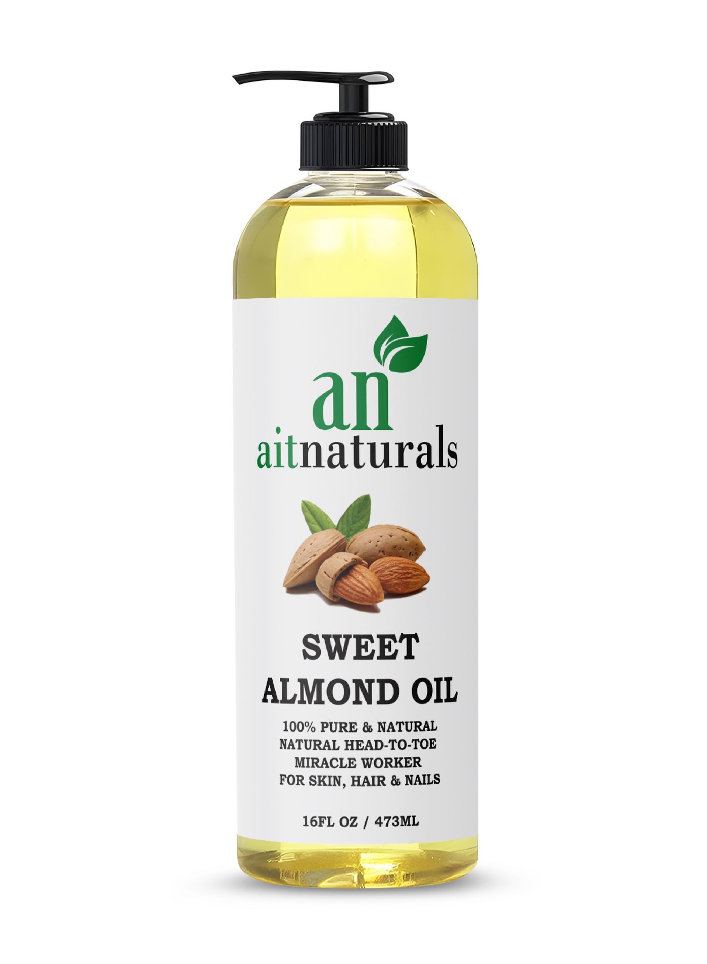 Organic Sweet Almond Oil - 473ml, Ideal for Hair Growth, Nails, Glowing Skin and Face